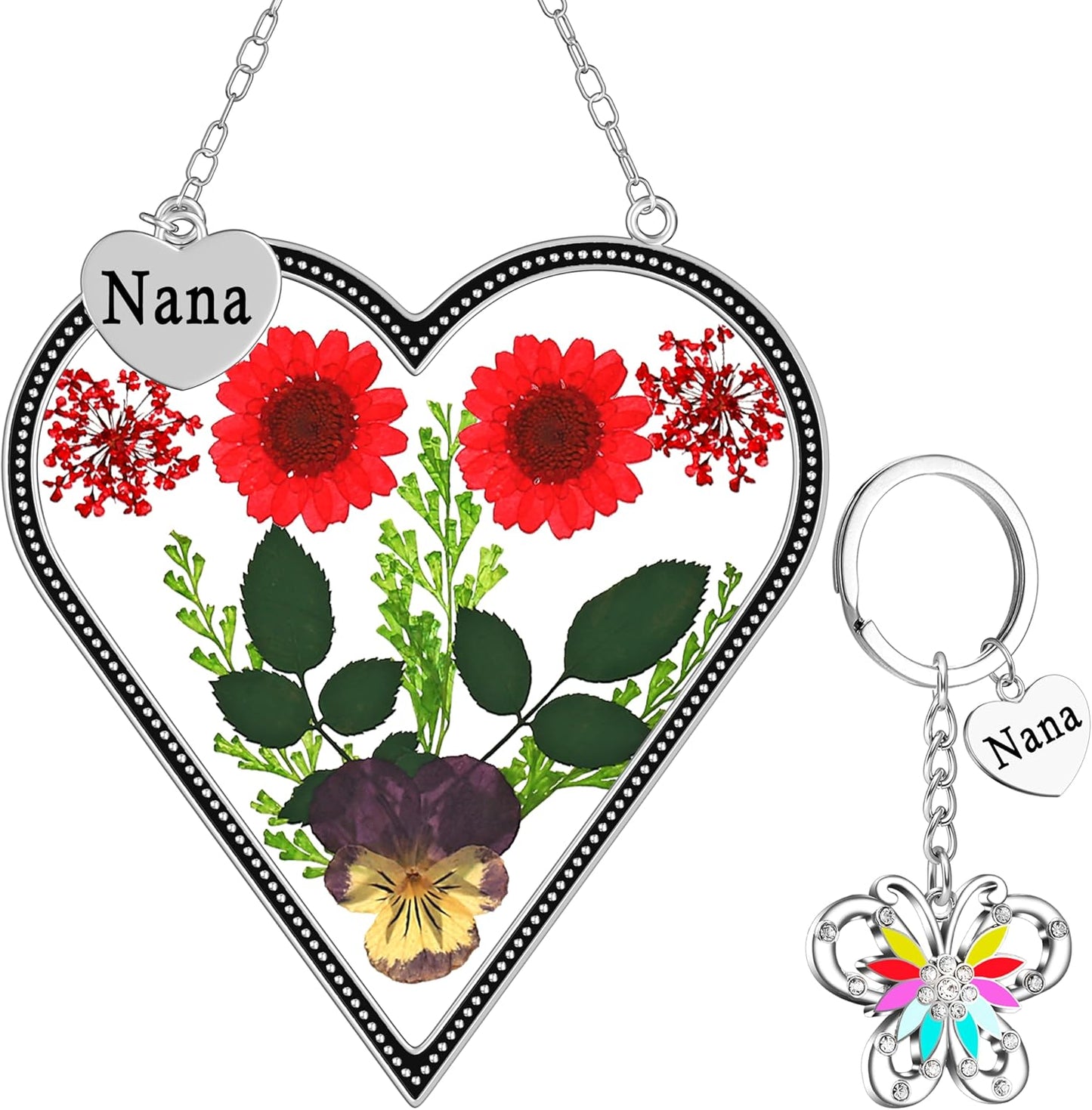 Heart-Shaped Suncatcher with Real Flowers – “Grandma” Hanging Gift Ornament