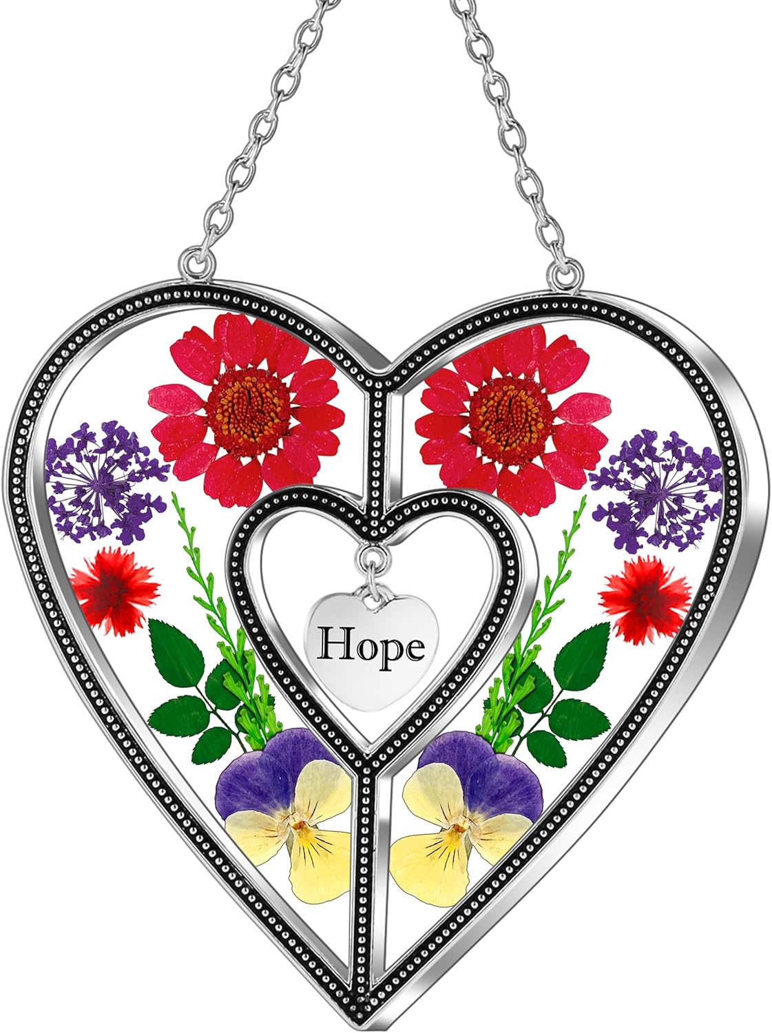 Heart-Shaped Suncatcher with Real Flowers – “Grandma” Hanging Gift Ornament