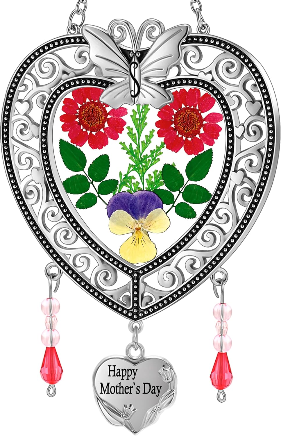 Heart-Shaped Butterfly Suncatcher with Real Flowers – “I Love You Mom” Gift