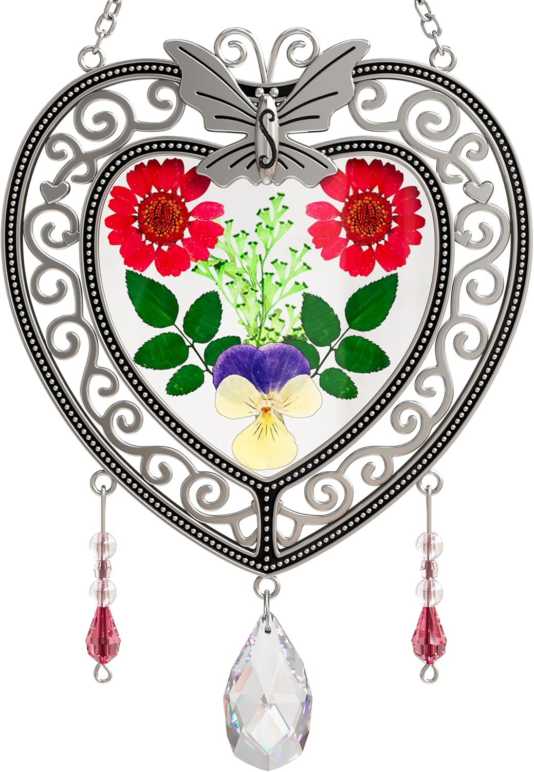 Heart-Shaped Butterfly Suncatcher with Real Flowers – “I Love You Mom” Gift