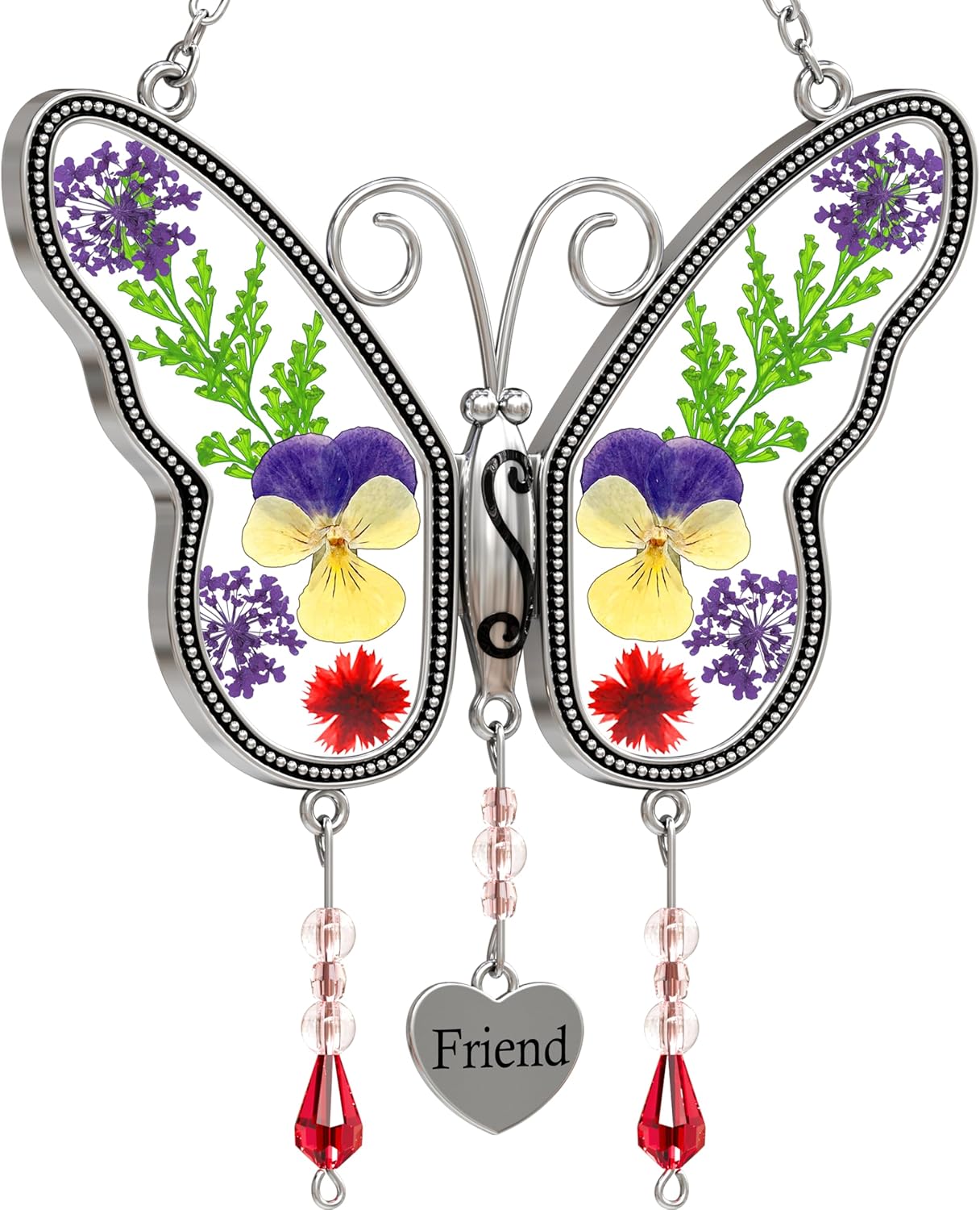 Butterfly Suncatcher with Real Pressed Flowers – “MOM” Heart Charm Window Gift