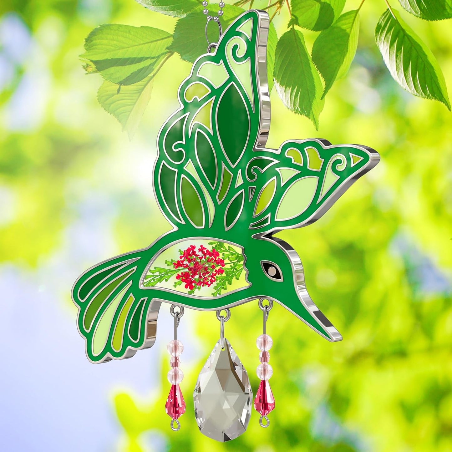 Hummingbird Suncatcher with Real Pressed Flowers & Crystal Drop – Green Window Hanging Decor