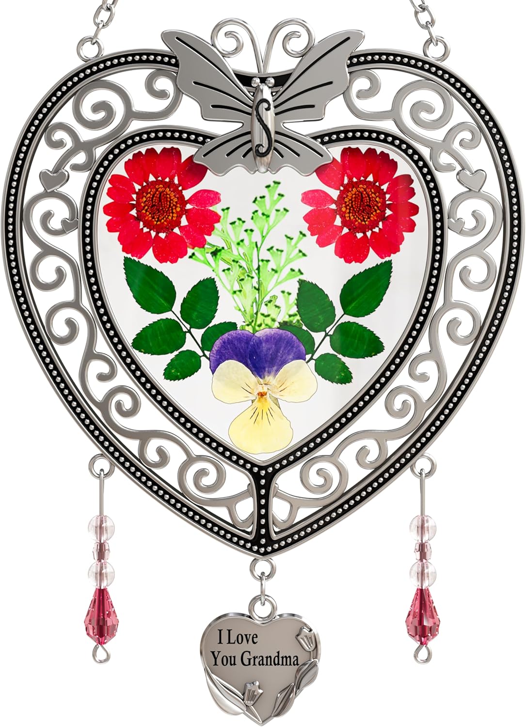 Heart-Shaped Butterfly Suncatcher with Real Flowers – “I Love You Mom” Gift