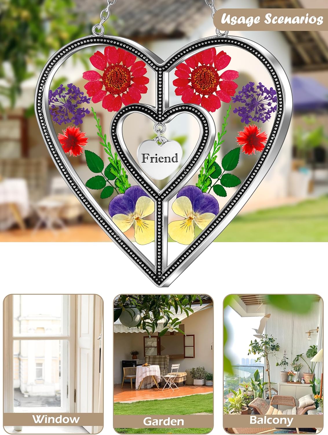 Heart-Shaped Suncatcher with Real Flowers – “Grandma” Hanging Gift Ornament