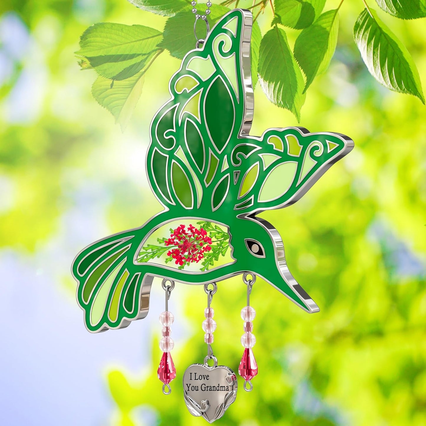 Hummingbird Suncatcher with Real Pressed Flowers & Crystal Drop – Green Window Hanging Decor