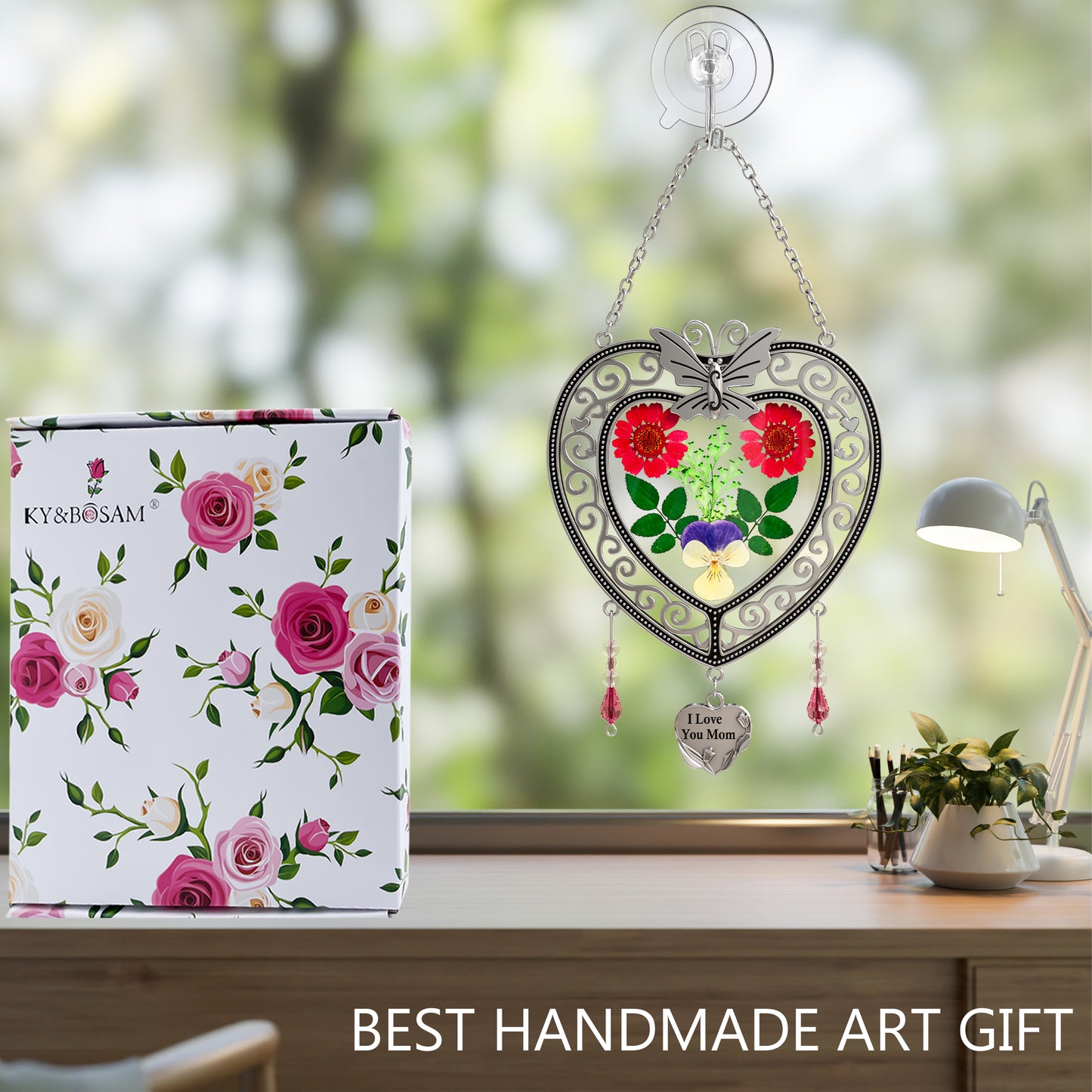 Heart-Shaped Butterfly Suncatcher with Real Flowers – “I Love You Mom” Gift
