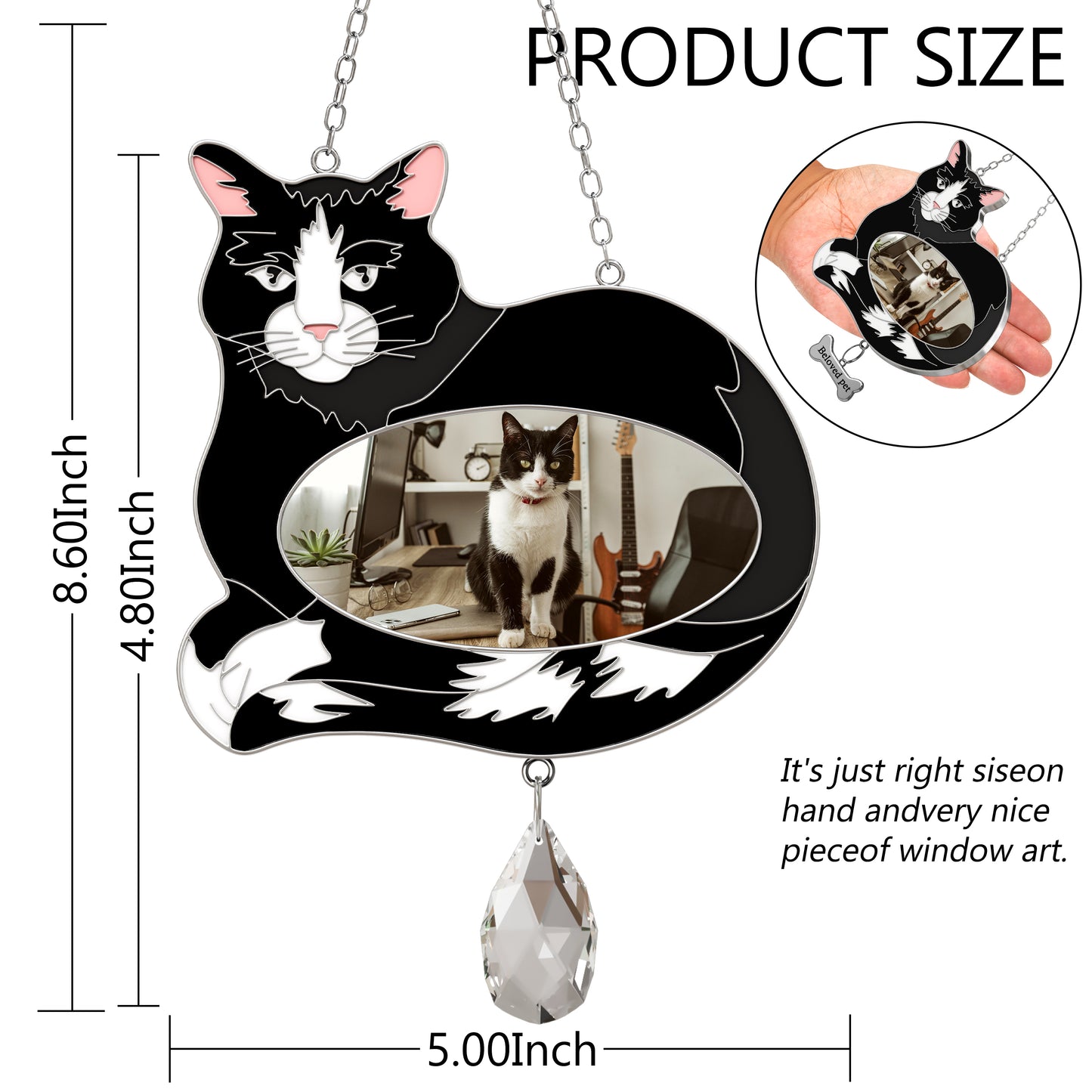 Stained Glass Black & White Cat Hanging Photo Frame with Crystal Pendant