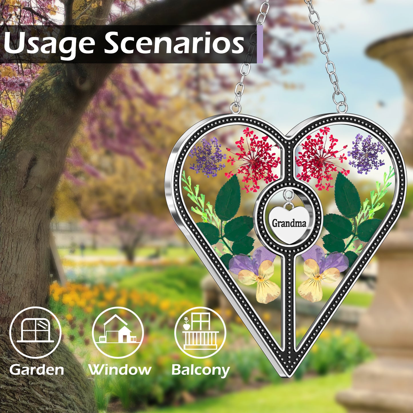 Heart-Shaped Suncatcher with Real Flowers – “Grandma” Hanging Gift Ornament