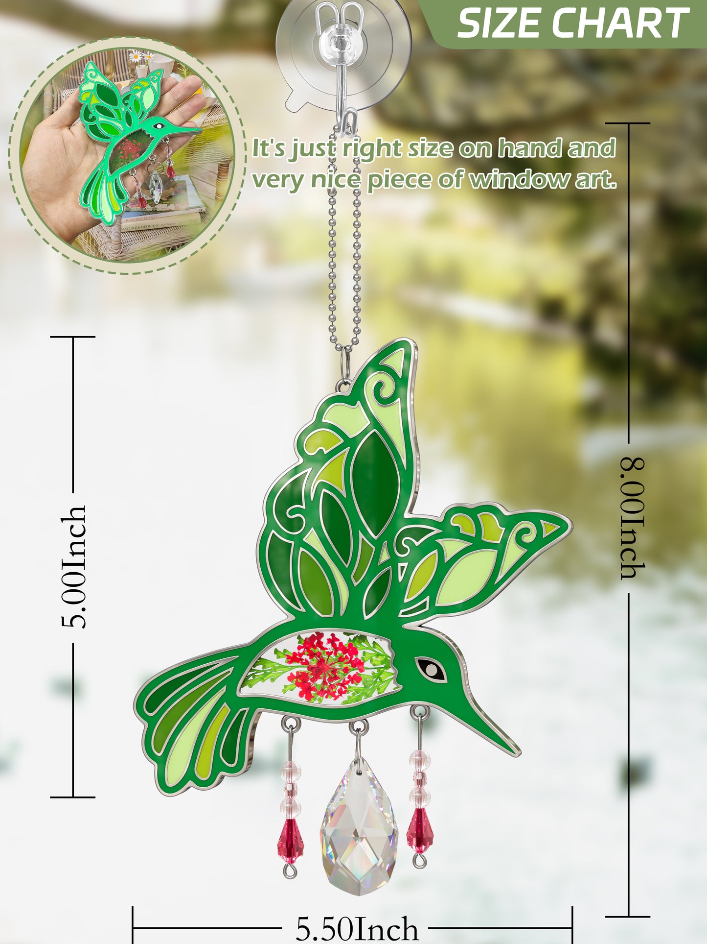 Hummingbird Suncatcher with Real Pressed Flowers & Crystal Drop – Green Window Hanging Decor