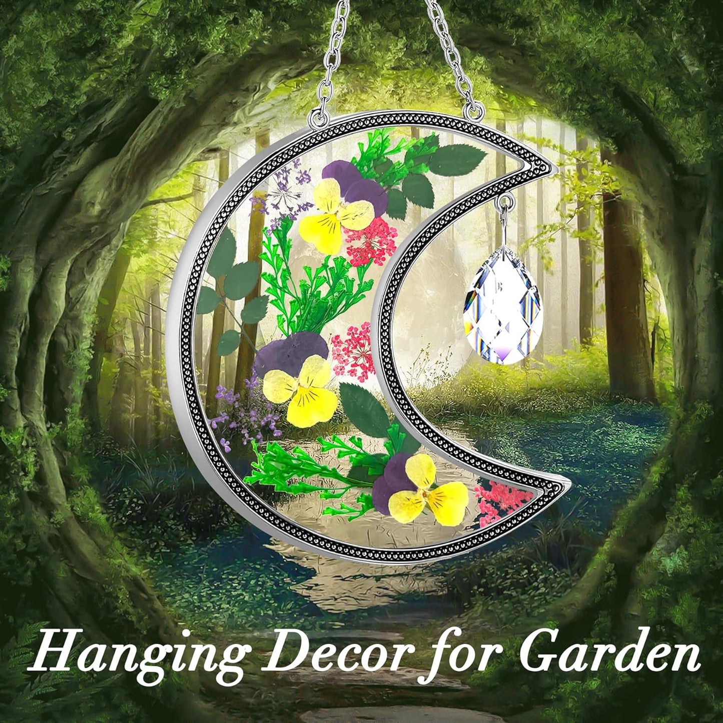 Moon Crescent Pressed Flower Suncatcher with Crystal Prism | Handmade Real Dried Flower Window Hanging Decor