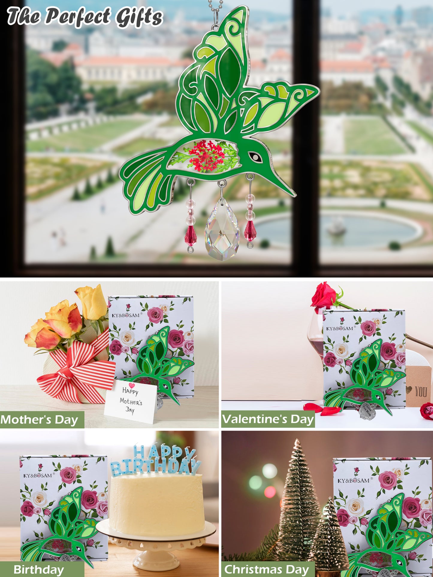 Hummingbird Suncatcher with Real Pressed Flowers & Crystal Drop – Green Window Hanging Decor