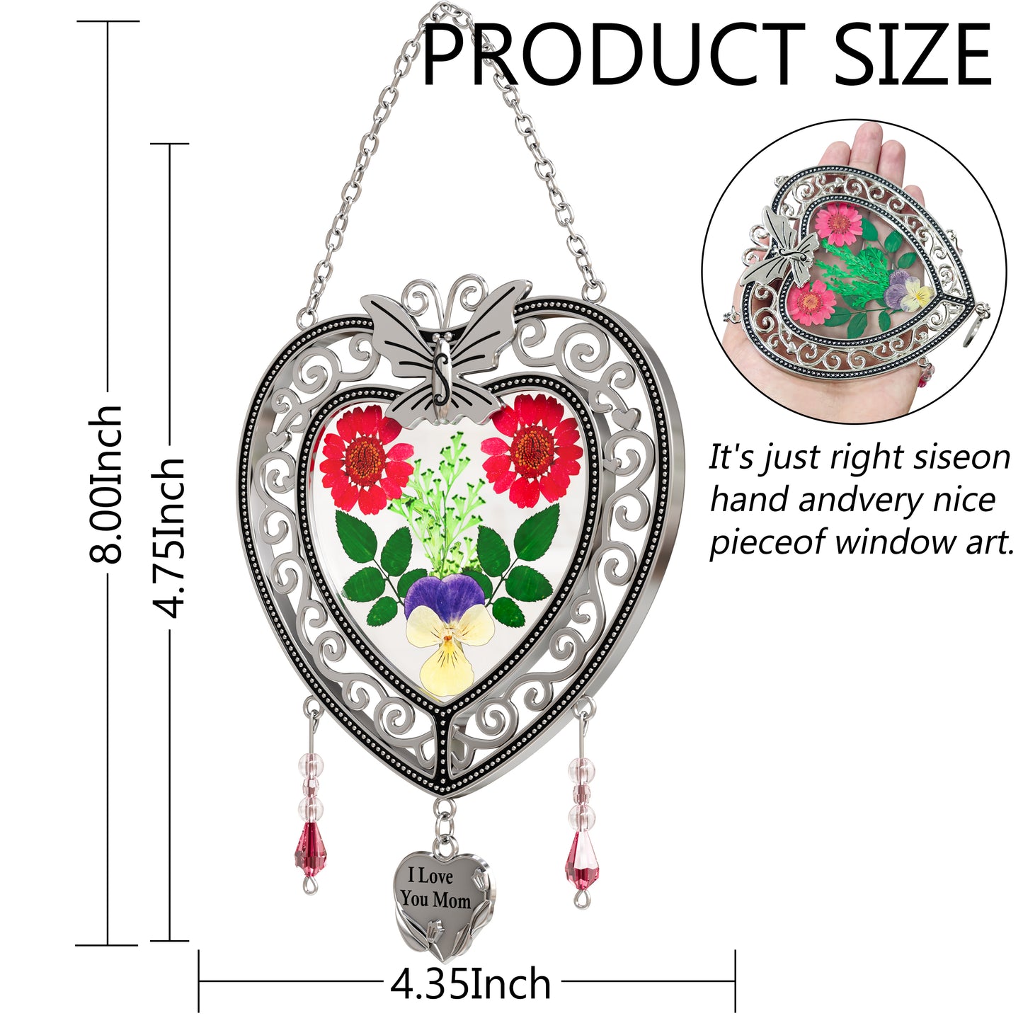 Heart-Shaped Butterfly Suncatcher with Real Flowers – “I Love You Mom” Gift