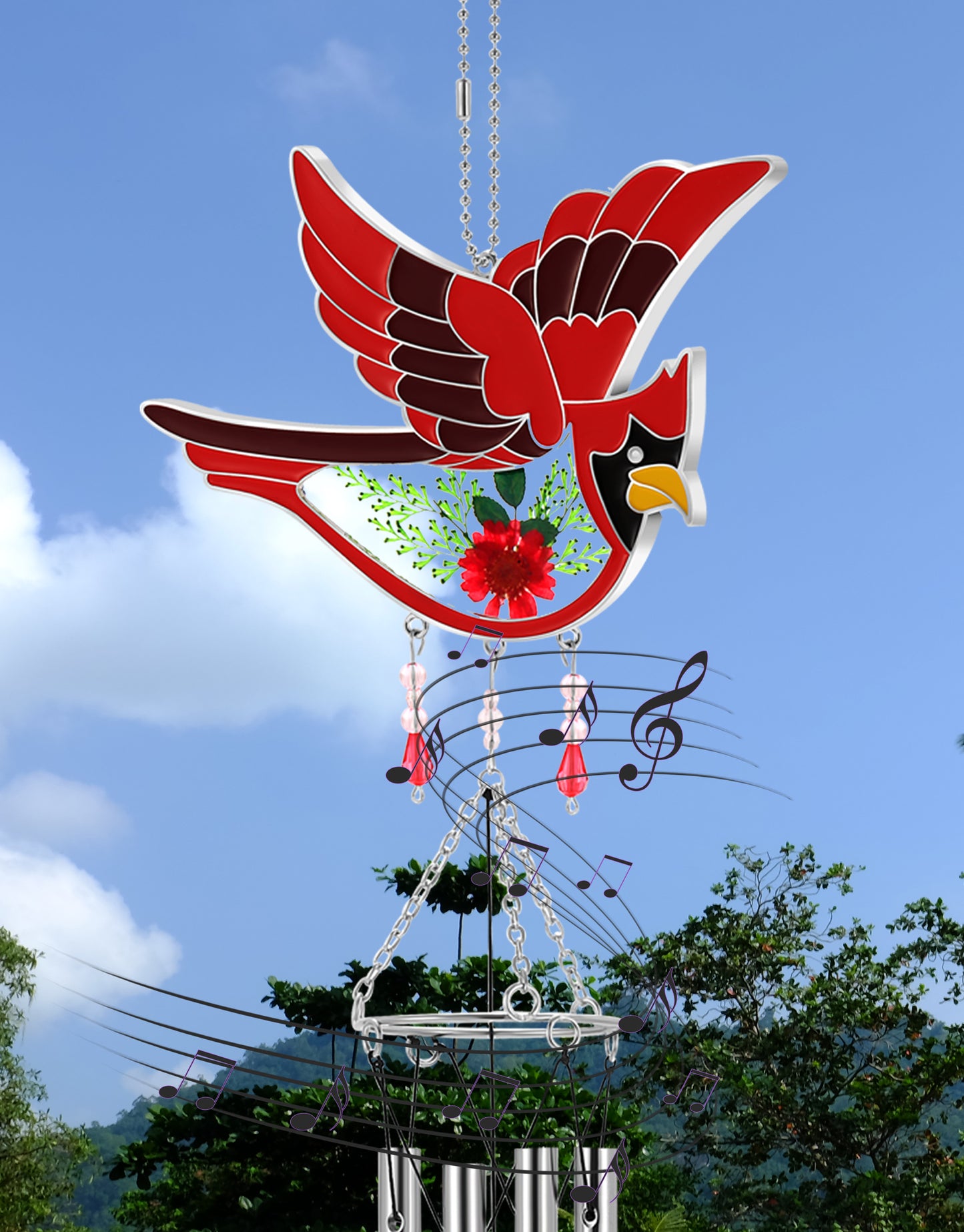 Cardinal Wind Chime – Handmade Glass Suncatcher with Real Flowers & Calming Chimes