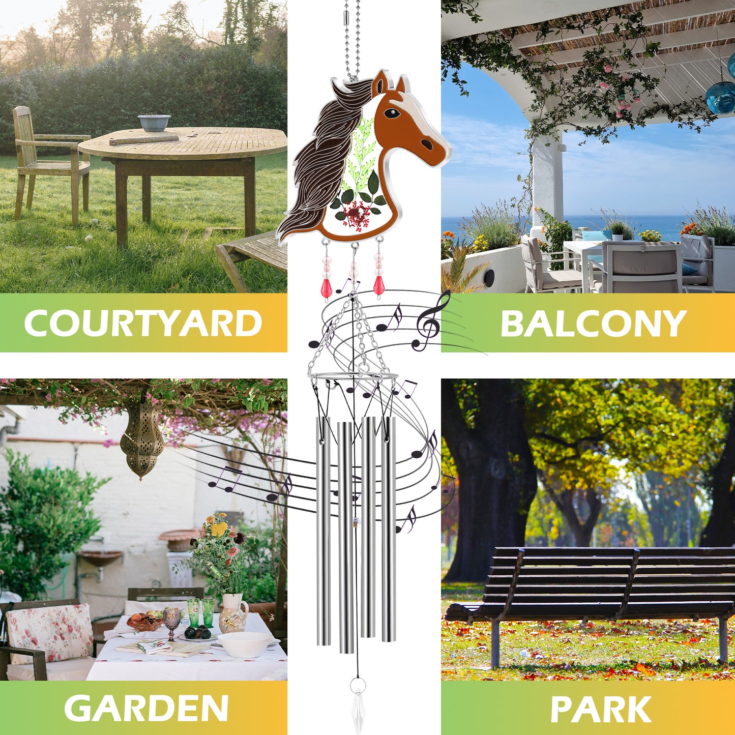 Horse Wind Chime – Handmade Glass Suncatcher with Real Flowers & Melodic Chimes