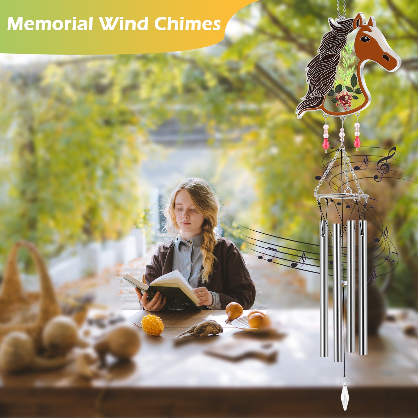 Horse Wind Chime – Handmade Glass Suncatcher with Real Flowers & Melodic Chimes