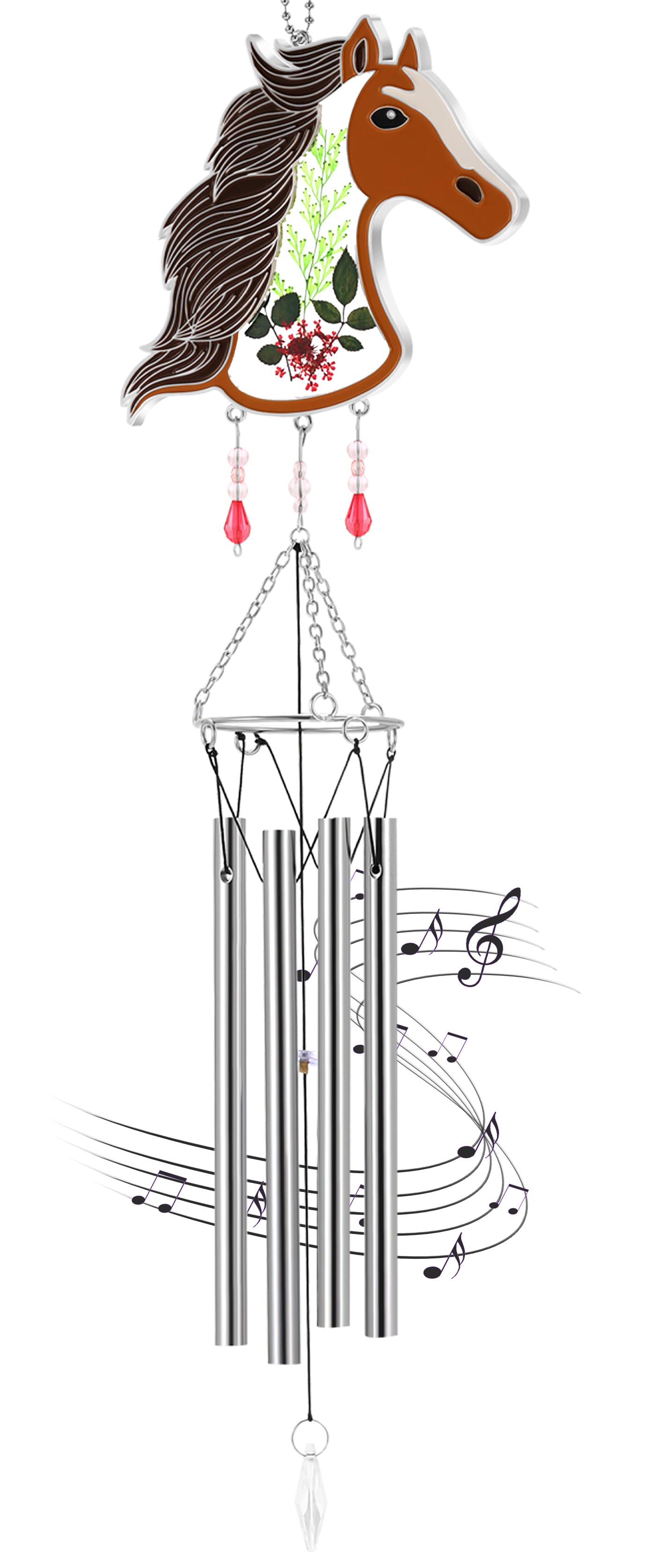 Horse Wind Chime – Handmade Glass Suncatcher with Real Flowers & Melodic Chimes