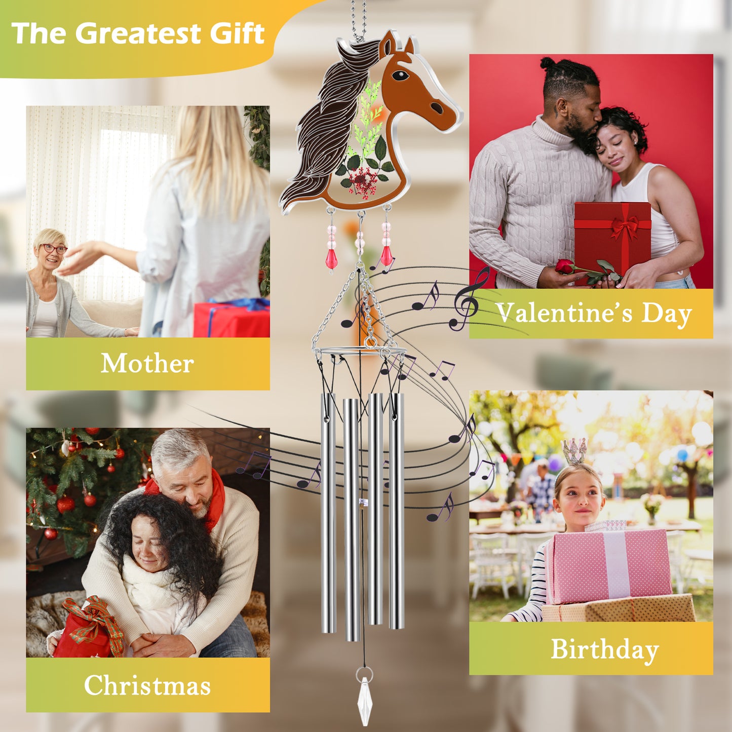 Horse Wind Chime – Handmade Glass Suncatcher with Real Flowers & Melodic Chimes