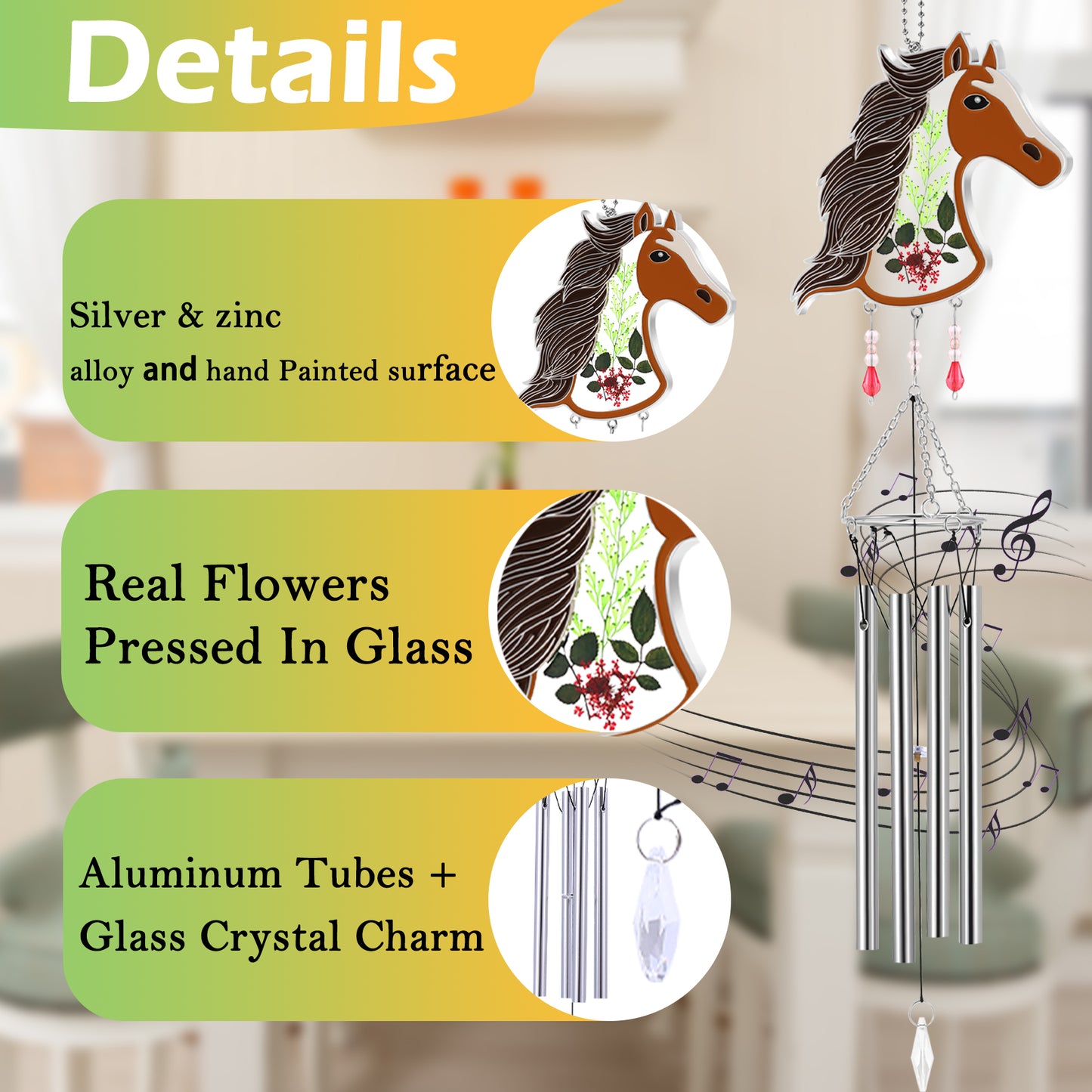 Horse Wind Chime – Handmade Glass Suncatcher with Real Flowers & Melodic Chimes