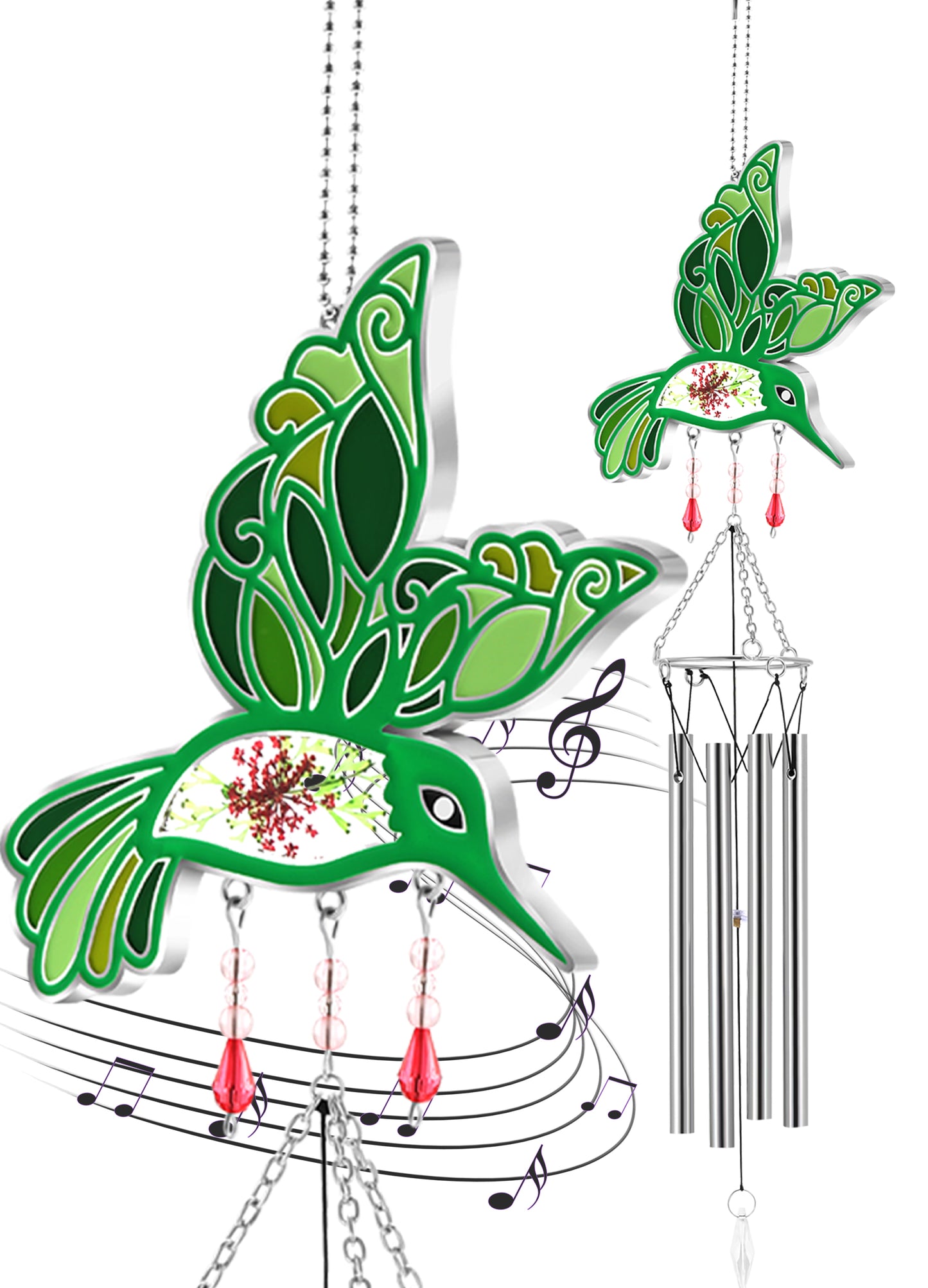 Hummingbird Wind Chime – Handmade Glass Suncatcher with Real Flowers & Soothing Chimes