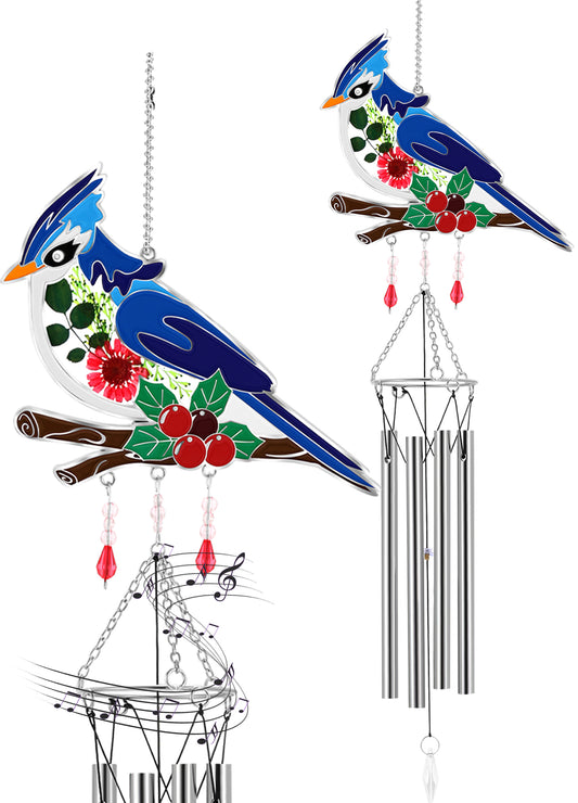 Bluebird Wind Chime – Handmade Glass Suncatcher with Real Flowers & Soothing Chimes