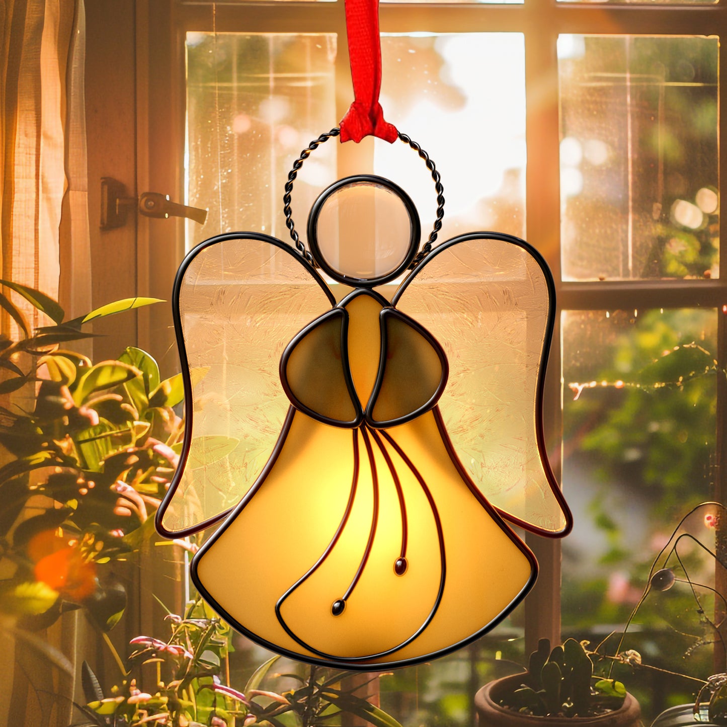 Stained Glass Angel Ornament – Amber & Clear Textured Glass Hanging Decoration
