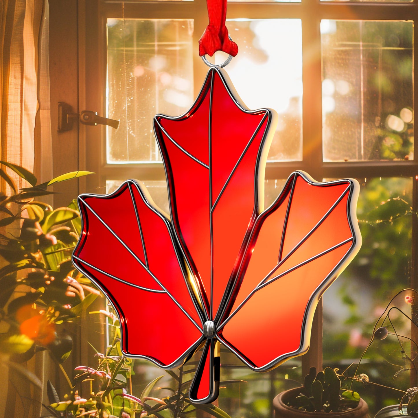 Stained Glass Maple Leaf Hanging Ornament – Canadian Window Suncatcher Decoration