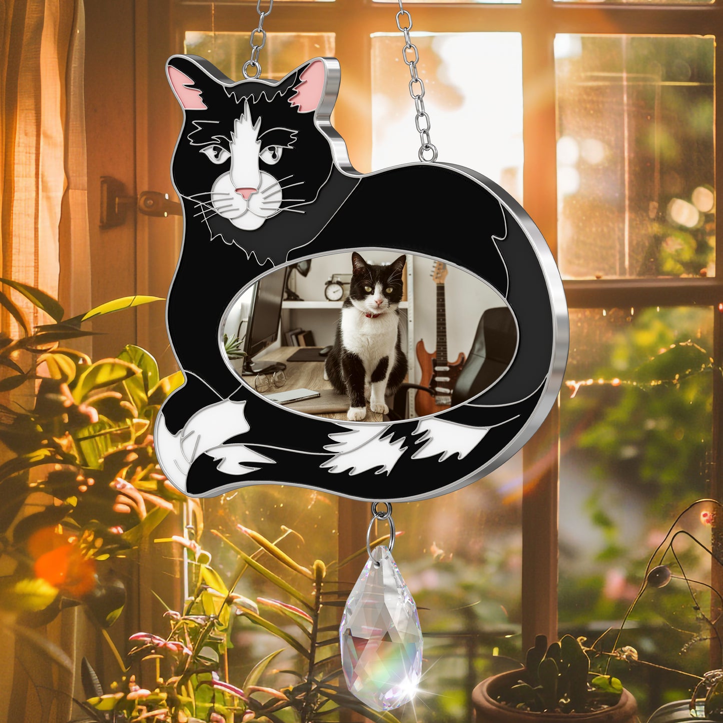 Stained Glass Black & White Cat Hanging Photo Frame with Crystal Pendant