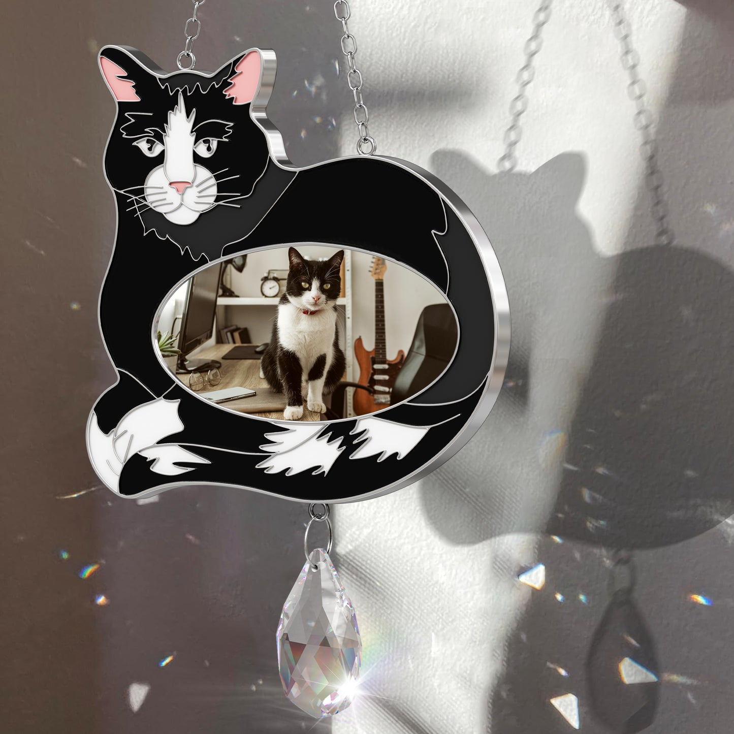 Stained Glass Black & White Cat Hanging Photo Frame with Crystal Pendant