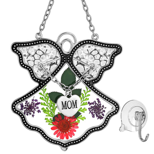 Angel Suncatcher with Real Flowers – “MOM” Heart Charm Hanging Gift