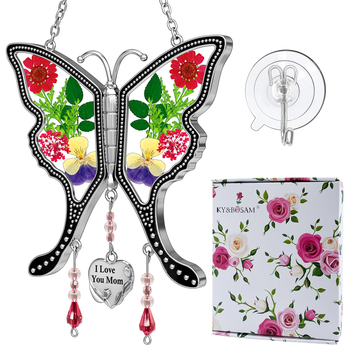 "I Love You Mom" Butterfly Sun Catcher – Handmade Glass Ornament with Real Flowers