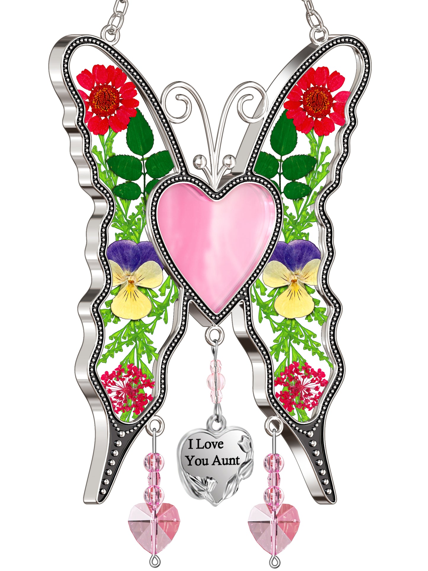 Butterfly Suncatcher with Real Flowers – "I Love You Aunt" Heart Gift