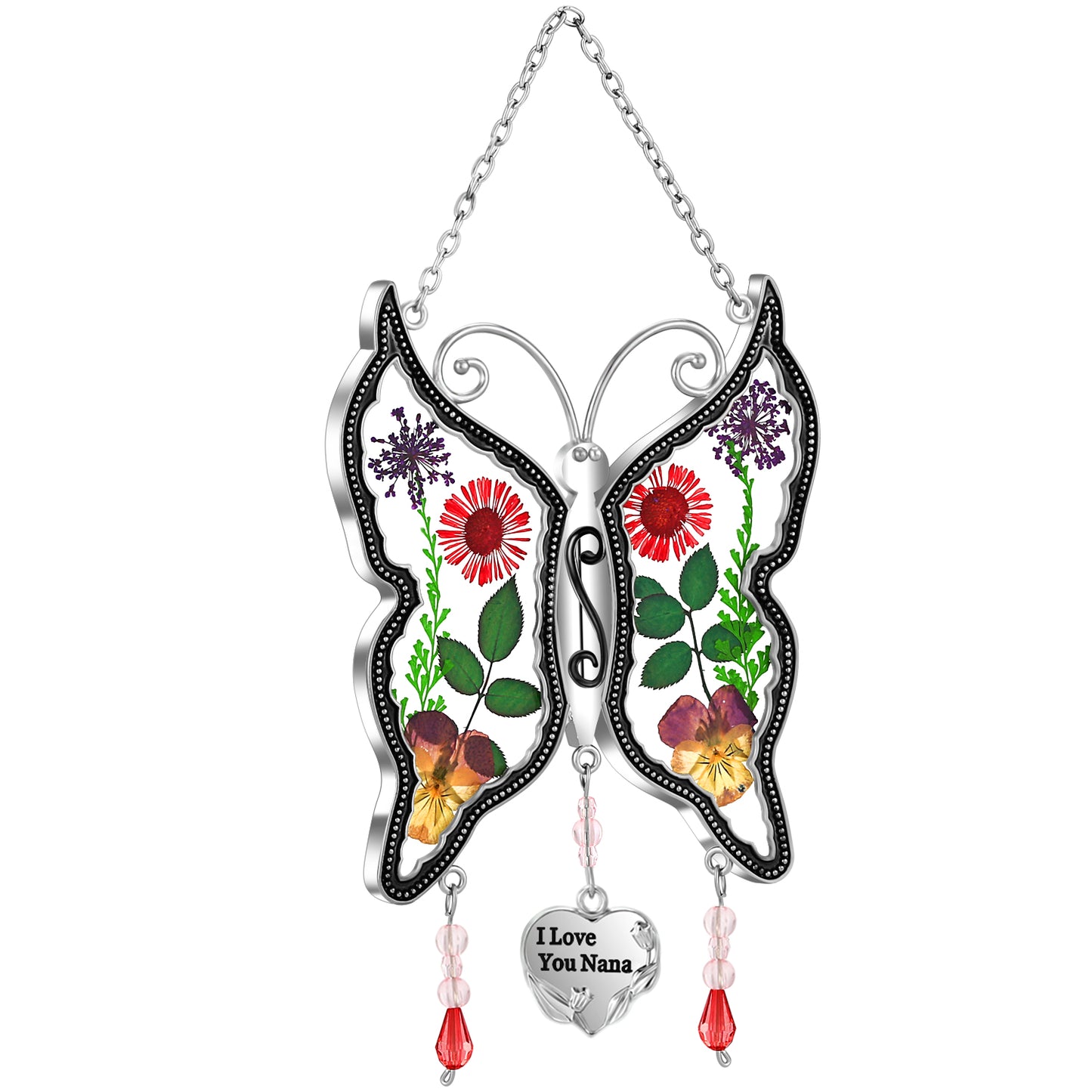 Butterfly Sun Catcher with Real Flowers – "I Love You Nana" Hanging Ornament