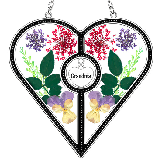 Heart-Shaped Suncatcher with Real Flowers – “Grandma” Hanging Gift Ornament
