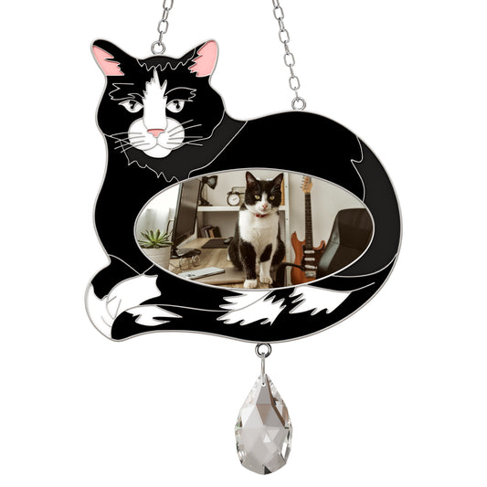 Stained Glass Black & White Cat Hanging Photo Frame with Crystal Pendant