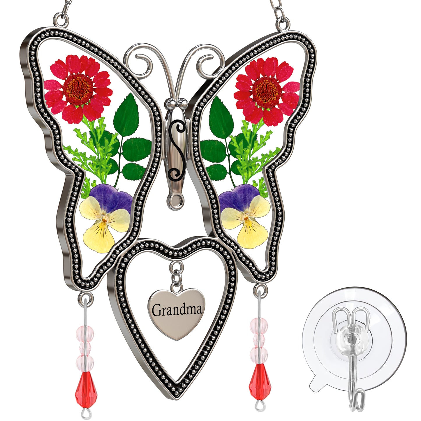 Grandma Butterfly Suncatcher with Real Pressed Flowers – Window Hanging Gift