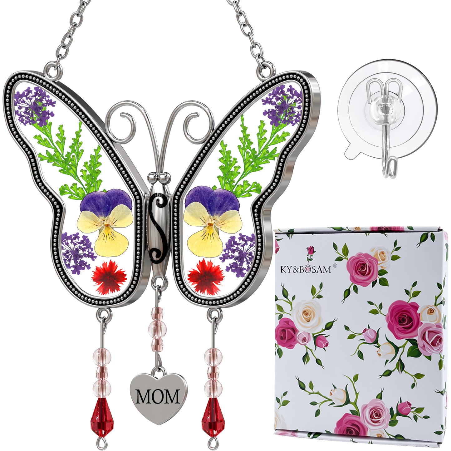 Butterfly Suncatcher with Real Pressed Flowers – “MOM” Heart Charm Window Gift
