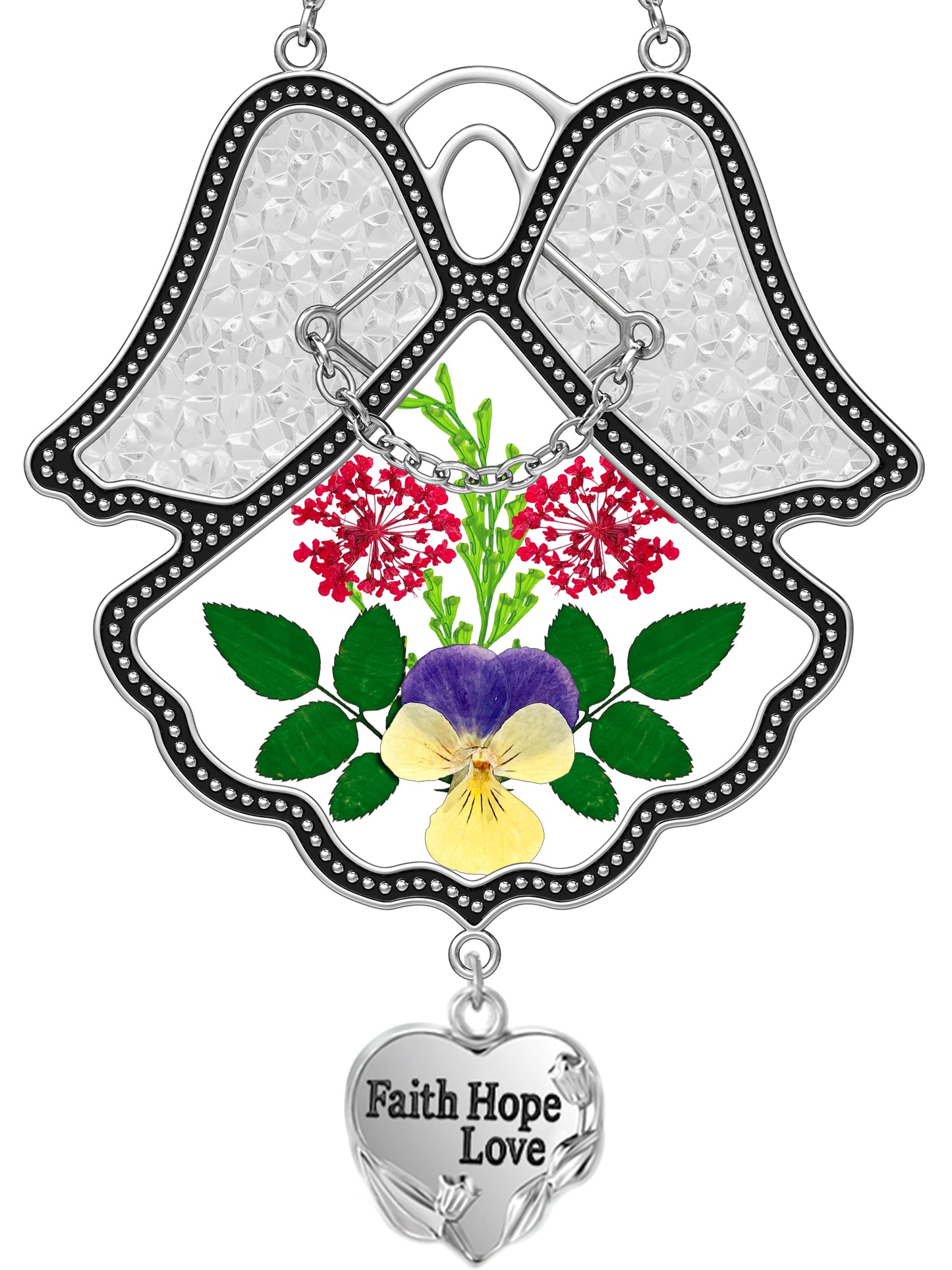Angel Suncatcher with Real Pressed Flowers – “Faith Hope Love” Heart Charm
