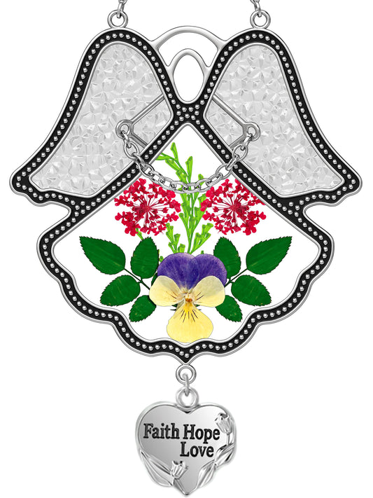 Angel Suncatcher with Real Pressed Flowers – “Faith Hope Love” Heart Charm