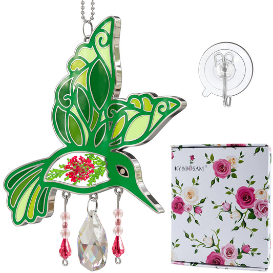 Hummingbird Suncatcher with Real Pressed Flowers & Crystal Drop – Green Window Hanging Decor