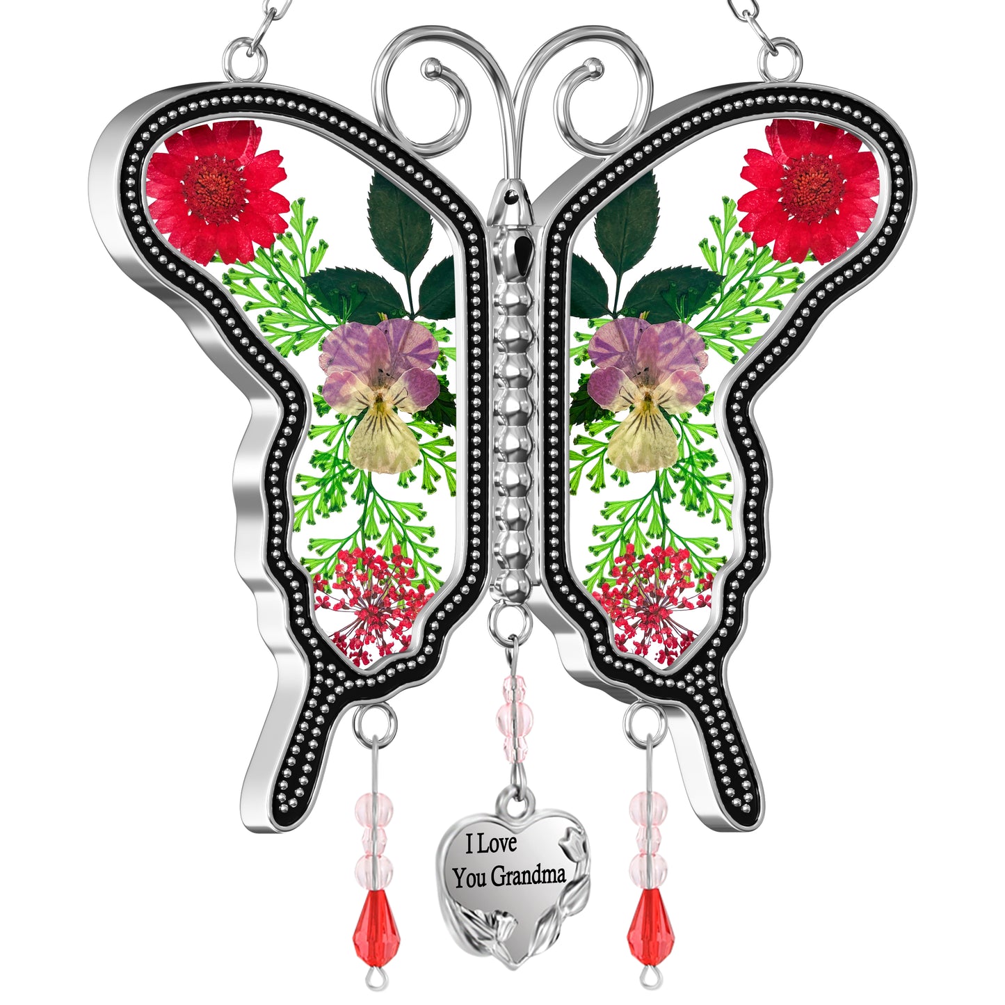 "I Love You Grandma" Butterfly Suncatcher – Handmade Glass Ornament with Real Flowers