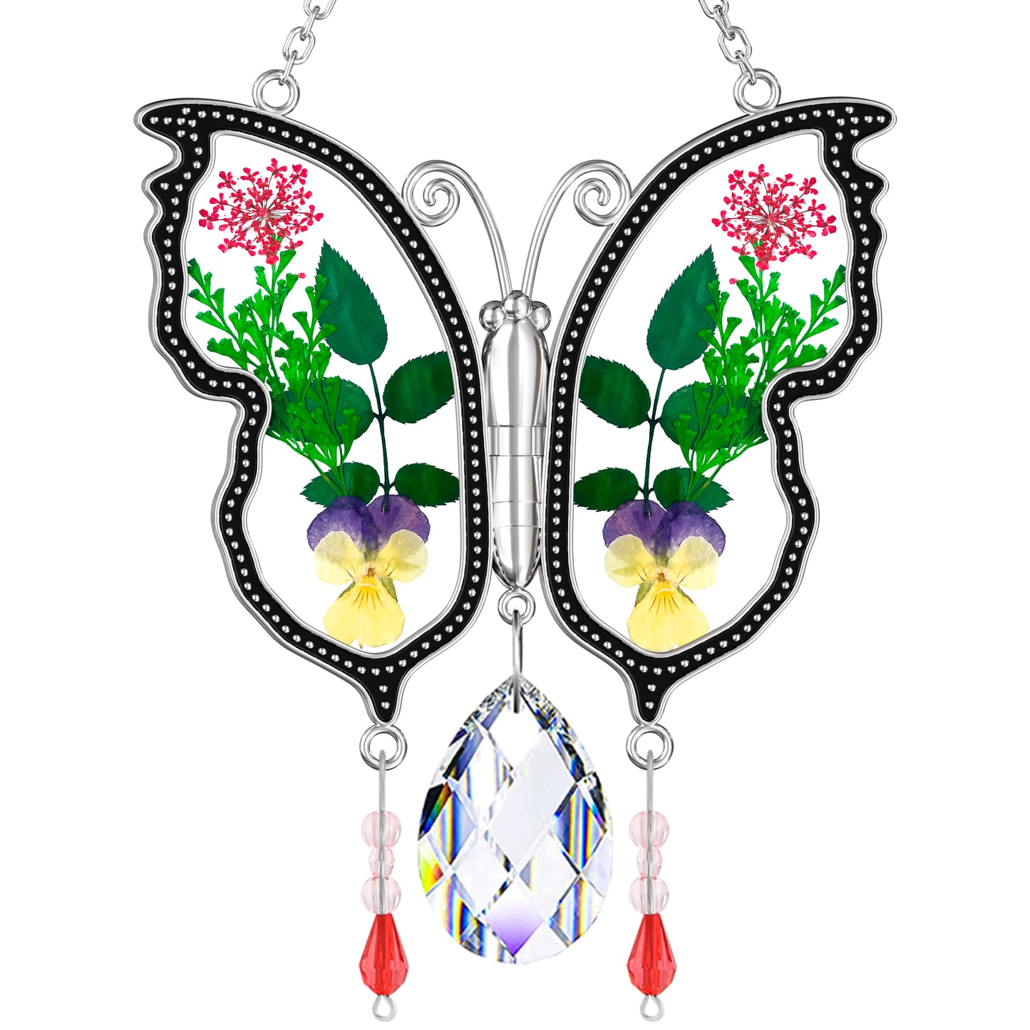 Holiday Butterfly Suncatcher – Real Flowers and Crystal Window Ornament