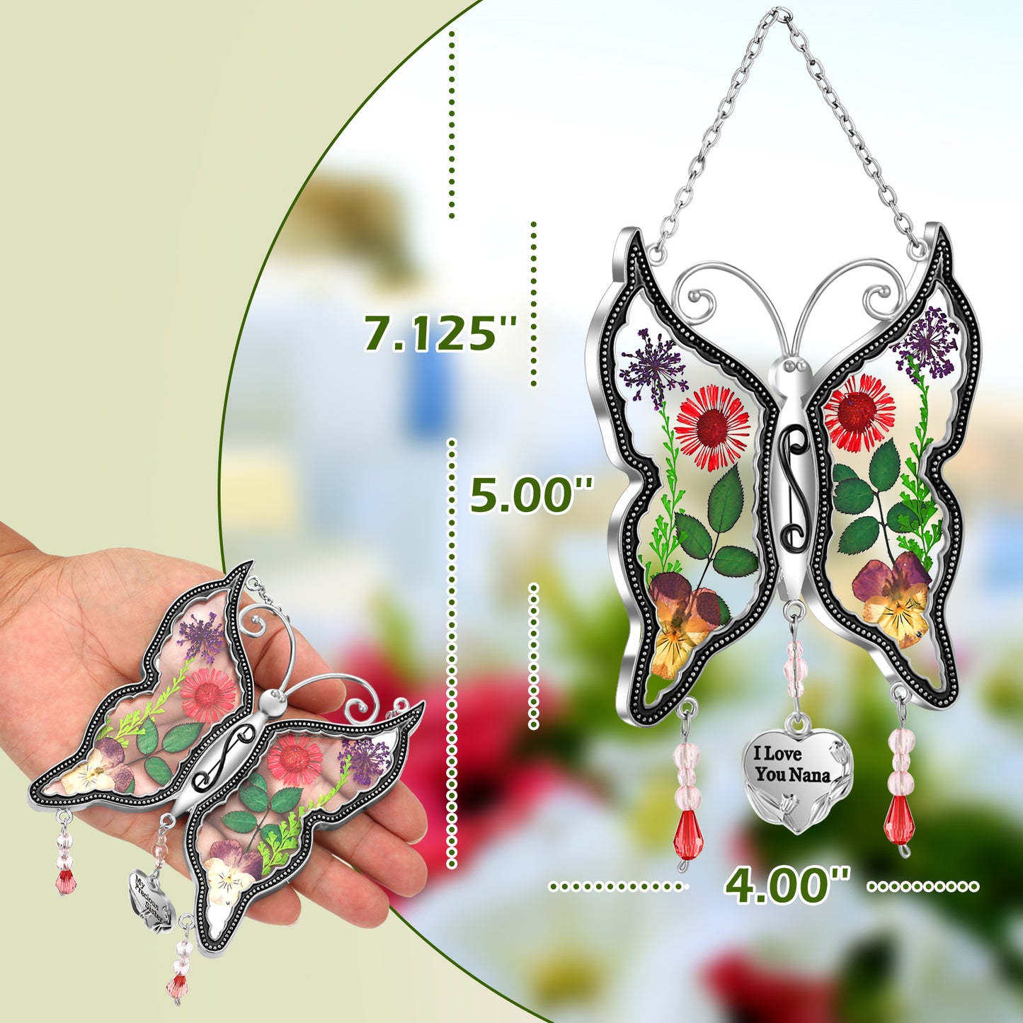 Butterfly Sun Catcher with Real Flowers – "I Love You Nana" Hanging Ornament