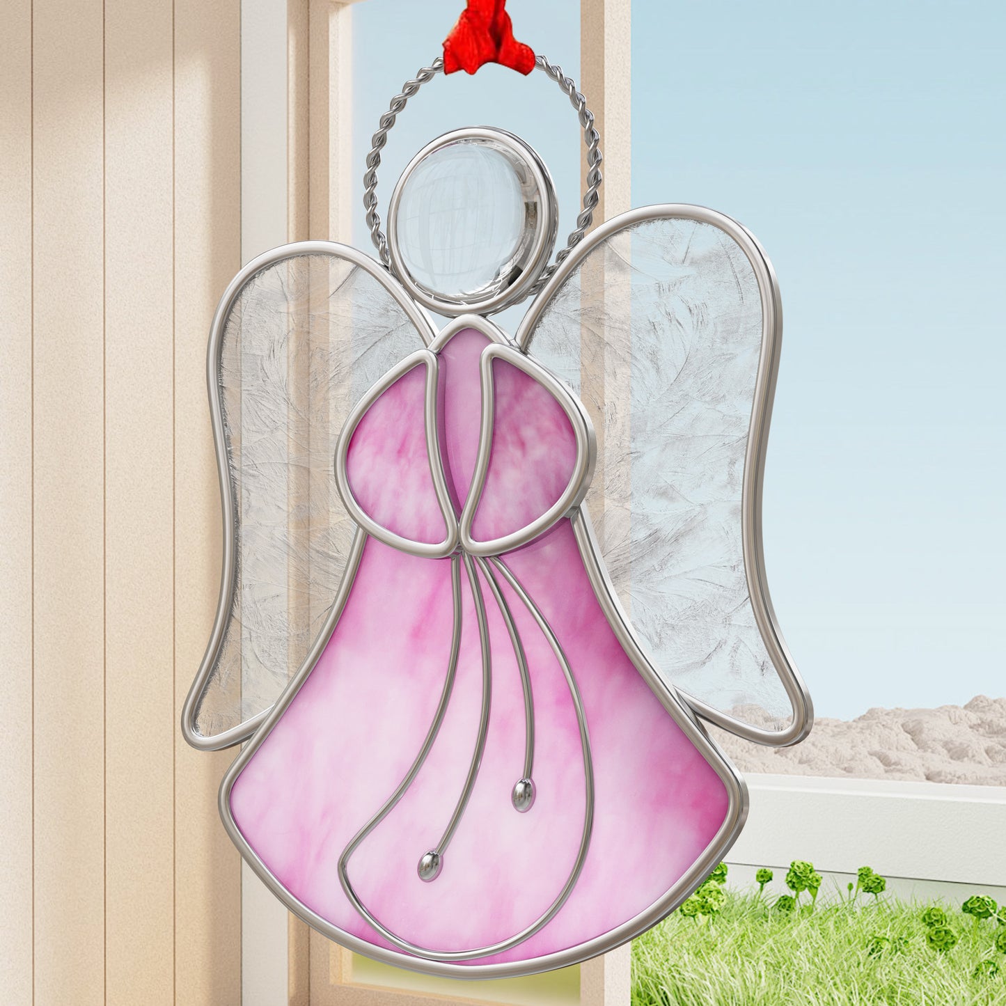 Stained Glass Angel Ornament – Amber & Clear Textured Glass Hanging Decoration