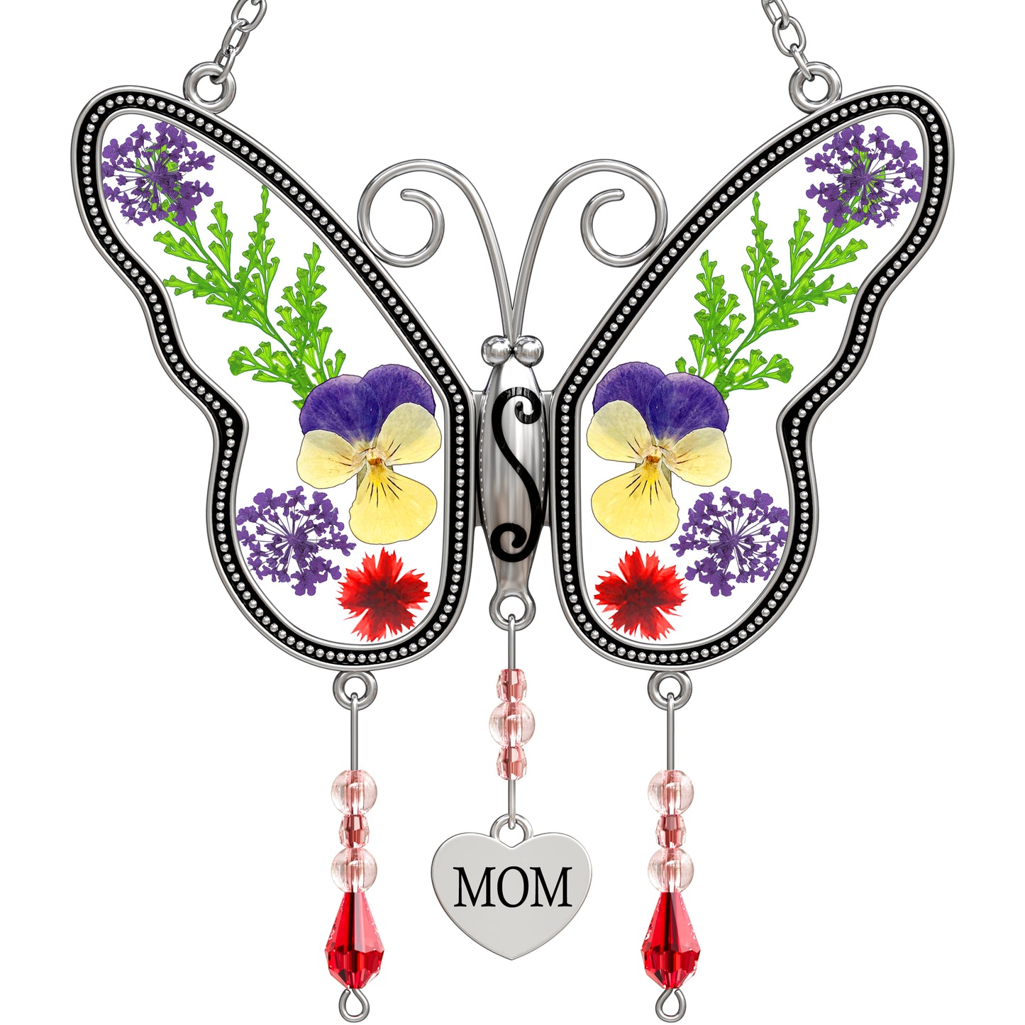 Butterfly Suncatcher with Real Pressed Flowers – “MOM” Heart Charm Window Gift
