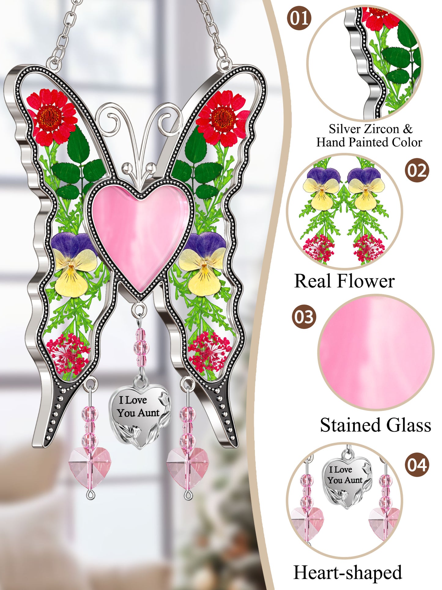 Butterfly Suncatcher with Real Flowers – "I Love You Aunt" Heart Gift