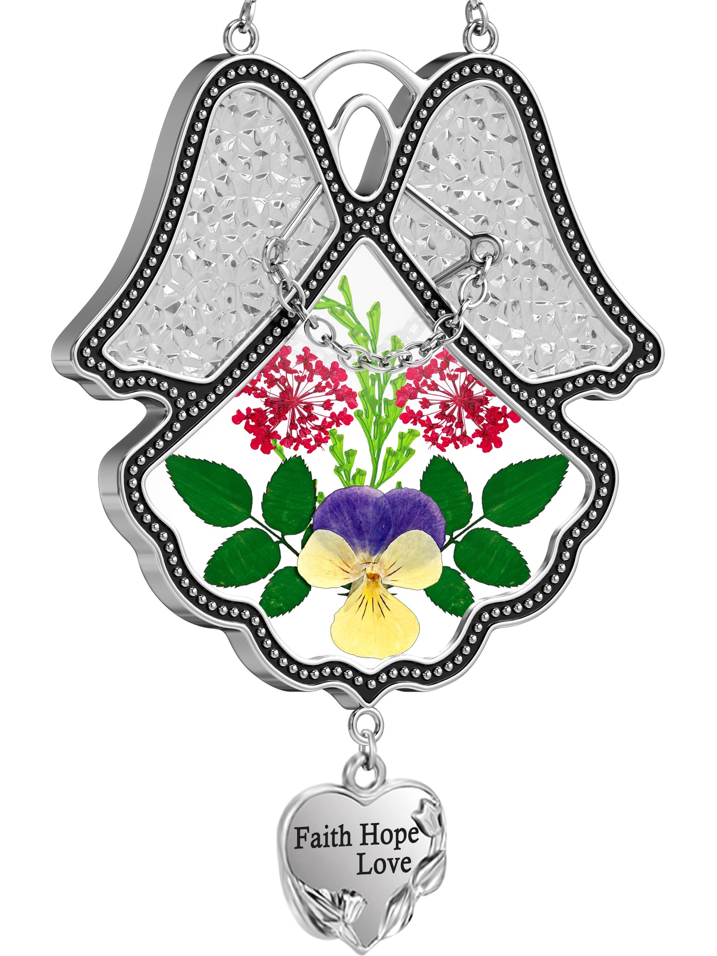 Angel Suncatcher with Real Pressed Flowers – “Faith Hope Love” Heart Charm