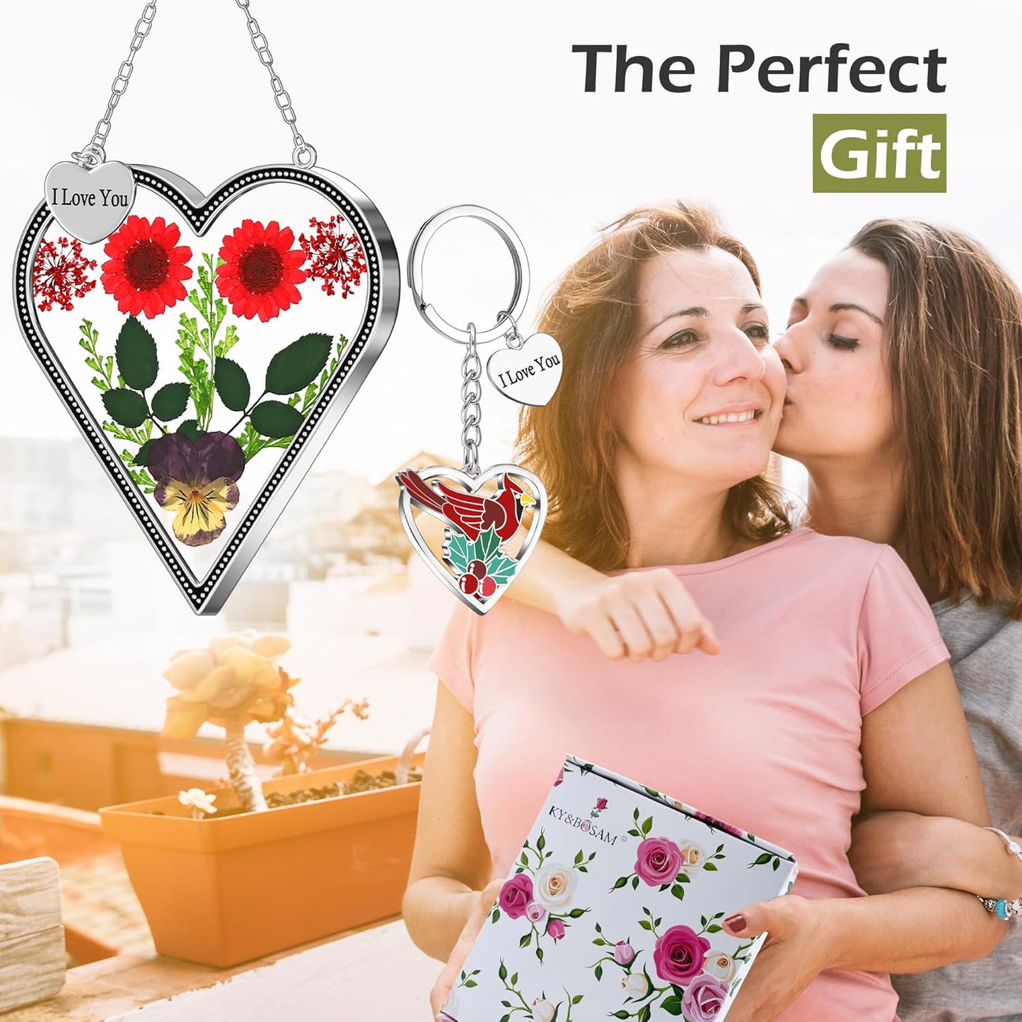 Heart-Shaped Real Flower Suncatcher with 'I Love You' Keychain Gift Set