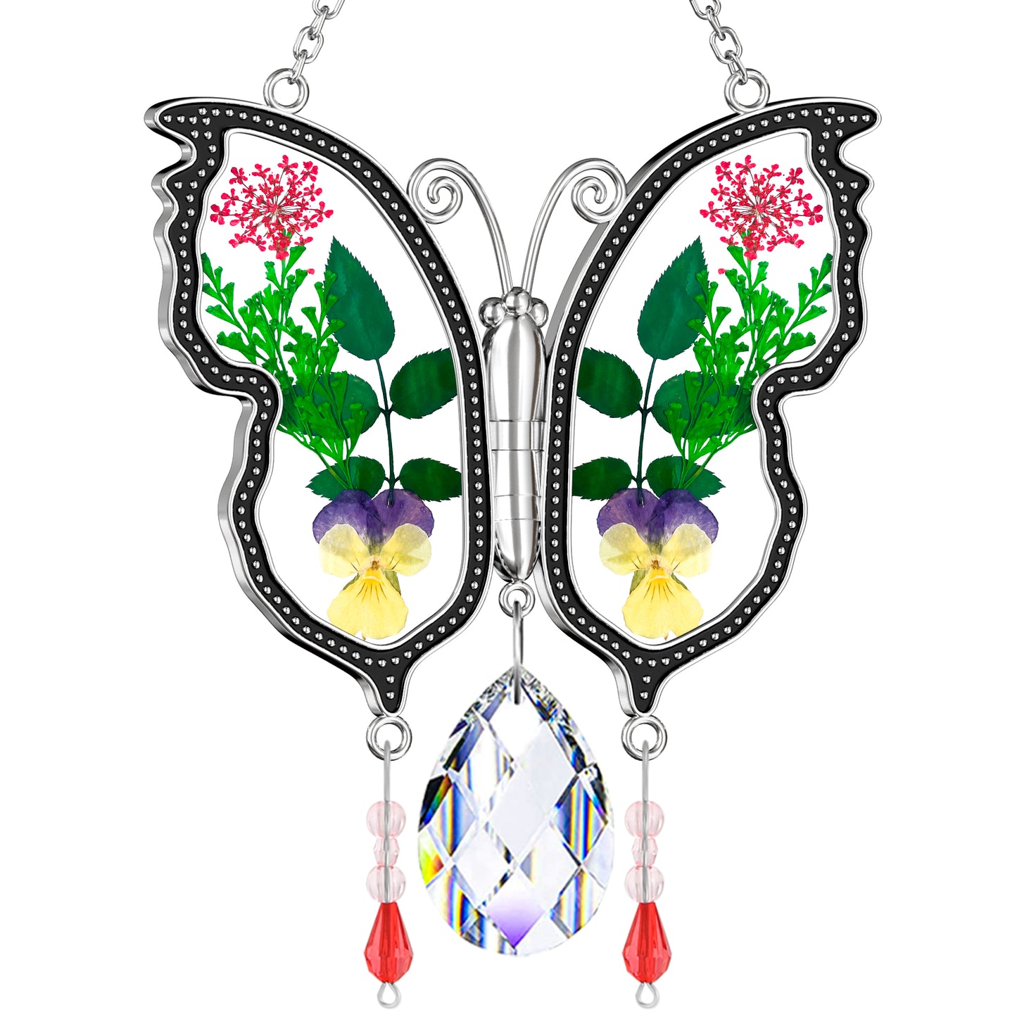 Holiday Butterfly Suncatcher – Real Flowers and Crystal Window Ornament