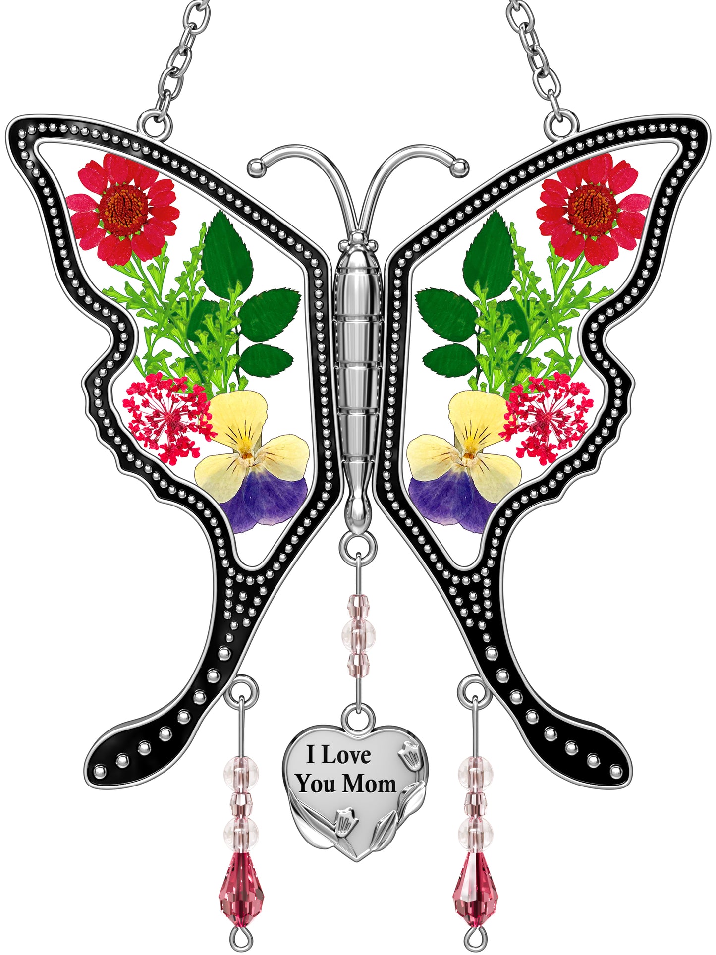 "I Love You Mom" Butterfly Sun Catcher – Handmade Glass Ornament with Real Flowers