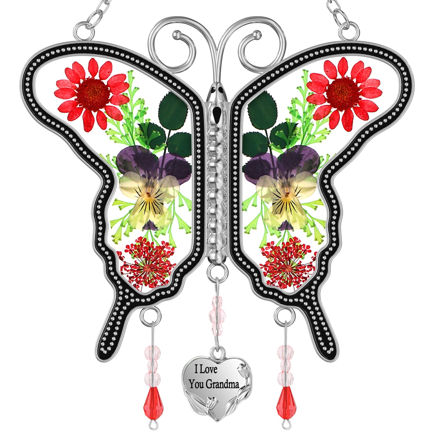 "I Love You Grandma" Butterfly Suncatcher – Handmade Glass Ornament with Real Flowers